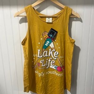 Simply Southern Women's Lake Life Graphic Tank Top Mustard NWT Sz MEDIUM